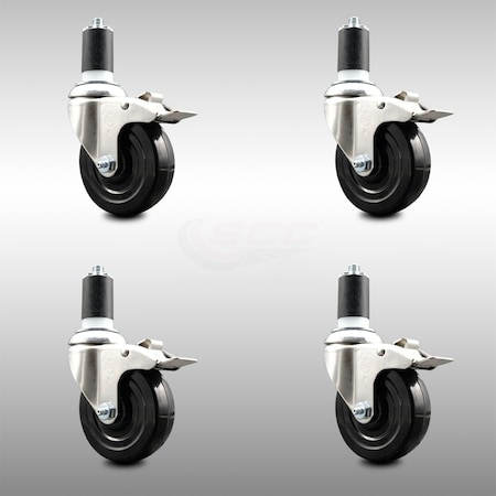 4 Inch 316SS Hard Rubber Wheel Swivel 1-1/2 Inch Stem Caster Set Lock Brake SCC